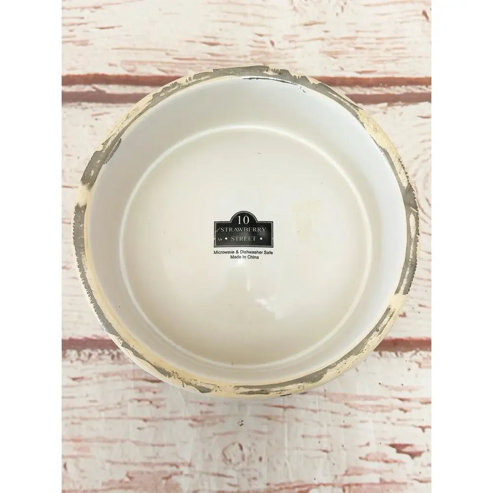 10 STRAWBERRY STREET White Ceramic Dog Bowl Metallic Silver Chrome Letters